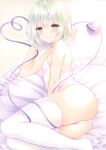  1girl ass bangs bare_shoulders blush breasts feet_out_of_frame frills green_eyes grey_hair hairband hand_up heart heart_of_string highres komeiji_koishi light_smile looking_at_viewer lying on_side pillow sample_watermark simple_background small_breasts solo thighhighs thighs third_eye touhou white_background white_thighhighs y_na1211 