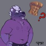  2021 abs anthro beard bodily_fluids bottomwear canid canine chest_tuft clothing eyebrows eyes_closed facial_hair fur hair hands_on_hips holding_breath humanoid_hands inner_ear_fluff kodi_(spyzslair) male mammal navel nipples pants purple_body purple_fur signature slightly_chubby solo spyzslair sweat sweatdrop tuft white_eyebrows white_hair 