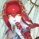  1girl bangs colored_skin fins fish_girl fuku_(pkseichan) hair_ornament hand_up highres jewelry long_hair looking_at_viewer mipha monster_girl multicolored_skin necklace no_eyebrows pointy_ears red_hair red_lips red_skin smile solo the_legend_of_zelda the_legend_of_zelda:_breath_of_the_wild two-tone_skin yellow_eyes zora 