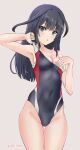  1girl absurdres agatsuma_kaede alice_gear_aegis black_eyes black_hair black_one-piece_swimsuit breasts clothes_pull collarbone commentary_request competition_swimsuit covered_navel grey_background highres long_hair looking_at_viewer medium_breasts multicolored_clothes multicolored_swimsuit one-piece_swimsuit one-piece_swimsuit_pull rasen_manga simple_background small_breasts solo swimsuit thigh_gap 