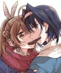  2girls ahoge blue_eyes blue_hair braid brown_eyes brown_hair candy chocolate clipe earrings feather_hair food french_braid hair_ornament hairband heart heart-shaped_chocolate hololive hololive_english hug jacket jewelry long_hair looking_at_viewer multiple_girls nanashi_mumei ouro_kronii ponytail scarf shared_food short_hair sideways_glance upper_body virtual_youtuber yuri 