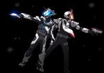  2boys animal_ears armor asymmetrical_armor asymmetrical_gloves back-to-back black_armor black_background black_bodysuit black_footwear black_gloves blue_eyes bodysuit boost_buckle boots compound_eyes desire_driver driver_(kamen_rider) dutch_angle fox_ears from_side full_body gloves glowing glowing_eyes gun handgun highres holding holding_weapon kamen_rider kamen_rider_geats kamen_rider_geats_(series) kamen_rider_ziin kitsune laser_raise_riser magnum_buckle magnum_shooter_40x male_focus mismatched_animal_ear_colors mismatched_gloves multiple_boys otokamu outstretched_arms rider_belt scarf shoulder_armor single_shoulder_pad solo sparks spread_arms teamwork tokusatsu weapon white_armor white_scarf 