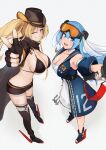  2girls :d anchor_symbol ankle_boots azur_lane bangs bare_shoulders belt bikini bikini_top_only black_bikini black_cape black_footwear black_gloves black_shirt black_shorts black_thighhighs blonde_hair blue_dress blue_eyes blue_footwear blue_hair blue_sailor_collar blue_sleeves boots breasts cape cleavage collarbone commentary_request cowboy_hat detached_sleeves dress finger_gun fingerless_gloves full_body gloves goggles goggles_on_head green_eyes grin hair_between_eyes hat highres historical_reference_connection holding holding_scepter hornet_(azur_lane) hornet_ii_(azur_lane) jewelry large_breasts long_hair looking_at_viewer marshall_k military_rank_insignia multiple_girls name_connection navel necklace one_eye_closed open_mouth original personification rudder_footwear sailor_collar scepter shadow shirt short_shorts shorts shrug_(clothing) sidelocks simple_background ski_goggles skindentation sleeveless sleeveless_dress smile standing stomach swimsuit teeth thighhighs toeless_footwear twintails uss_hornet_(cv-12) very_long_hair white_background white_dress yellow_belt 