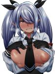 1girl armband black_gloves black_necktie blue_archive blue_hair breasts breasts_out clenched_teeth commentary_request dark-skinned_female dark_skin gloves hair_over_one_eye heavy_breathing iori_(blue_archive) kaauchi large_breasts necktie nipples no_bra pointy_ears red_eyes solo sweat teeth twintails upper_body 