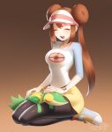  1girl :d absurdres bangs black_pantyhose breasts brown_hair closed_eyes commentary_request dated double_bun doughnut_hair_bun full_body hair_bun highres legwear_under_shorts maydaykiki on_lap open_mouth pantyhose pokemon pokemon_(creature) pokemon_(game) pokemon_bw2 pokemon_on_lap raglan_sleeves rosa_(pokemon) shoes short_shorts shorts signature sitting smile sneakers snivy teeth tongue twintails upper_teeth_only visor_cap 