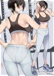  1girl absurdres adjusting_hair ass black_hair breasts cleavage from_behind gym hands_on_hips highres kyoyakyo midriff multiple_views original pants pantylines shoes short_ponytail sneakers solo sports_bra standing yoga_pants 