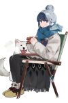  1girl absurdres animal blanket blue_hair chair dog folding_chair food hair_bun highres leadin_the_sky purple_eyes sandwich scarf shima_rin sitting solo white_background yurucamp 