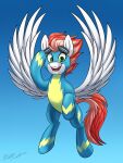  2022 equid equine eyewear eyewear_on_head fan_character feathered_wings feathers flying friendship_is_magic goggles goggles_on_head green_eyes hair hasbro hi_res kaylerustone mammal my_little_pony open_mouth open_smile pegasus red_hair red_tail signature smile solo spread_wings tail white_body white_feathers wings wonderbolts_(mlp) wonderbolts_uniform 