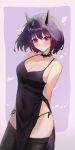  1girl absurdres arms_behind_back bare_arms bare_shoulders black_choker black_dress black_panties black_thighhighs breasts choker cleavage collarbone commission covered_navel cowboy_shot dress highres horns looking_at_viewer medium_breasts original panties pe902 pelvic_curtain purple_eyes purple_hair short_hair side-tie_panties side-tie_peek sleeveless sleeveless_dress slit_pupils smile solo spaghetti_strap standing string_panties thighhighs thighs underwear 