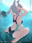  1girl animal_ear_fluff animal_ears aqua_eyes arm_up artist_name ass back bare_legs barefoot black_one-piece_swimsuit blue_archive breasts competition_swimsuit full_body grey_hair hair_tie highres liwendala long_hair medium_breasts mouth_hold one-piece_swimsuit revision shallow_water shiroko_(blue_archive) sideboob sitting solo swimsuit tying_hair wariza water wolf_ears 