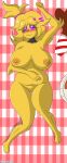  animatronic anthro avian big_breasts bird blush breasts chica_(cally3d) chica_(fnaf) chicken dakimakura_pose female five_nights_at_freddy&#039;s fredina&#039;s_nightclub galliform gallus_(genus) hi_res looking_at_viewer machine nipples nude phasianid robot scottgames simple_background slightly_chubby solo thick_thighs vexxyvex yellow_body 