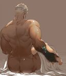  1boy aegir_(housamo) aqua_hair ass bara beard bed_sheet dark-skinned_male dark_skin earrings facial_hair fins fish_boy from_behind hinokumo_f jewelry male_focus mature_male multicolored_hair muscular muscular_male naked_sheet short_hair single_earring sitting solo streaked_hair tokyo_afterschool_summoners white_hair 