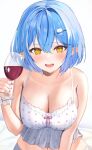  1girl :d alcohol bare_shoulders blue_hair breasts camisole cleavage collarbone cup drinking_glass elf hair_ornament hairclip holding holding_cup hololive large_breasts looking_at_viewer nail_polish navel open_mouth pink_nails pointy_ears polka_dot short_hair simple_background smile solo towrituka upper_body white_background wine wine_glass yellow_eyes yukihana_lamy 