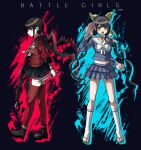  2girls :o bangs black_background blue_skirt blunt_bangs breasts brown_eyes brown_footwear brown_hair chabashira_tenko danganronpa_(series) danganronpa_v3:_killing_harmony drill_hair full_body green_background hair_ornament hair_ribbon hair_scrunchie hairband hand_up harukawa_maki holding holding_knife kneehighs knife large_breasts layered_skirt long_hair long_sleeves low_twintails mikao_(eanv5385) mole mole_under_mouth multiple_girls navel open_mouth pink_hairband pleated_skirt red_eyes red_scrunchie red_shirt red_thighhighs ribbon sailor_collar sandals school_uniform scrunchie shirt shoes skirt socks teeth thighhighs twin_drills twintails white_ribbon white_sailor_collar white_socks 