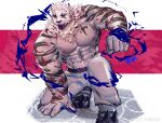  1boy 8da_(29204249) abs absurdres animal_ears arknights bara black_pants black_sclera colored_sclera fighting_stance full_body furry furry_male highres large_pectorals looking_at_another male_focus mountain_(arknights) muscular muscular_male navel nipples one_knee pants pectorals scar scar_across_eye scar_on_arm scar_on_face scar_on_stomach sharp_teeth short_hair solo stomach stylized_blood teeth tiger_boy tiger_ears tongue tongue_out topless_male white_fur white_hair white_pants 