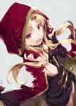  1girl bangs black_dress blonde_hair blush breasts cape detached_collar dress earrings ereshkigal_(fate) fate/grand_order fate_(series) gabiran gold_trim highres hood hood_up hooded_cape hoop_earrings jewelry long_hair looking_at_viewer medium_breasts open_mouth parted_bangs red_eyes short_dress single_sleeve skull solo spine two_side_up 