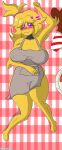  animatronic anthro apron apron_only avian big_breasts bird blush breasts chica_(cally3d) chica_(fnaf) chicken clothing dakimakura_pose female five_nights_at_freddy&#039;s fredina&#039;s_nightclub galliform gallus_(genus) hi_res looking_at_viewer machine mostly_nude phasianid robot scottgames simple_background slightly_chubby solo thick_thighs vexxyvex yellow_body 