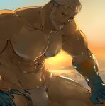  1boy abs aegir_(housamo) aqua_hair bara beard blue_eyes bulge dark-skinned_male dark_skin facial_hair feet_out_of_frame fins fish_boy hinokumo_f large_pectorals male_focus male_swimwear mature_male multicolored_hair muscular muscular_male nipples pectorals short_hair solo stomach streaked_hair sunset swim_briefs testicle_peek thick_thighs thighs tokyo_afterschool_summoners topless_male white_hair white_male_swimwear 