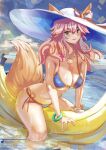  1girl absurdres animal_ear_fluff animal_ears banana_boat bikini blue_bikini breasts cleavage collarbone ears_through_headwear fate/grand_order fate_(series) fox_ears fox_girl fox_tail genthus hat hat_ribbon highres large_breasts long_hair looking_at_viewer ocean open_mouth outdoors partially_submerged pink_hair ribbon side-tie_bikini_bottom solo sun_hat swimsuit tail tamamo_(fate) tamamo_no_mae_(swimsuit_lancer)_(fate) tamamo_no_mae_(swimsuit_lancer)_(third_ascension)_(fate) 