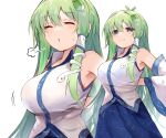  bangs bare_shoulders blue_eyes blush breasts closed_eyes closed_mouth detached_sleeves efe frog_hair_ornament green_hair hair_ornament highres kochiya_sanae large_breasts long_hair long_sleeves multiple_views open_mouth sidelocks simple_background snake touhou white_background 
