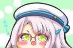  1girl bangs beret blush chibi glasses goddess_of_victory:_nikke green_background green_eyes grey_hair hand_up hat highres horns kurukurumagical neon_(nikke) over-rim_eyewear parted_bangs red-framed_eyewear semi-rimless_eyewear short_eyebrows single_horn solo thick_eyebrows translation_request v-shaped_eyebrows white_headwear 