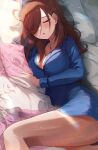  1girl absurdres arm_under_breasts bangs bare_legs blue_pajamas blush breasts brown_hair bursting_breasts button_gap cleavage closed_eyes collarbone commentary curvy eyebrows_hidden_by_hair eyelashes go-toubun_no_hanayome hair_down hair_over_one_eye head_on_pillow highres hiyoku large_breasts lens_flare long_hair long_sleeves lying messy_hair morning nakano_miku on_bed on_side open_mouth pajamas panties panty_peek revision sidelighting sidelocks sleeping solo sunlight swept_bangs thighs underwear 