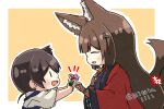  2girls :d ^_^ ^o^ amagi_(azur_lane) animal_ears azur_lane bangs black_hair blunt_bangs bridal_gauntlets brown_hair closed_eyes commentary_request crossover eyeshadow flower fox_ears fox_girl fox_tail giving hair_between_eyes hair_ornament holding holding_flower japanese_clothes kaga_(kancolle) kantai_collection kyuubi long_hair long_sleeves looking_at_another makeup multiple_girls multiple_tails sidelocks signature simple_background smile tail taisa_(kari) tasuki thick_eyebrows twitter_username two-tone_background wide_sleeves 