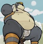  2023 animal_crossing anthro armor asian_clothing band-aid bandage barazoku bear belly big_belly big_bulge big_moobs bodily_fluids boots bulge clothed clothing cloud curt_(animal_crossing) day east_asian_clothing footwear fundoshi furniture haps hard_hat headgear helmet hi_res huge_thighs japanese_clothing looking_at_viewer looking_down looking_down_at_viewer low-angle_view male mammal moobs navel nintendo nipples open_clothing open_topwear open_vest outside overweight overweight_anthro overweight_male signature sitting solo stool sweat thick_thighs topwear towel underwear vest 
