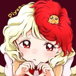  1girl animal animal_on_head bird bird_on_head bird_wings blonde_hair blush chick closed_mouth emoji feathered_wings highres kaisenpurin looking_at_viewer multicolored_hair niwatari_kutaka on_head pleading_face_emoji portrait red_background red_eyes red_hair shirt short_hair simple_background solo touhou two-tone_hair white_shirt wings yellow_wings 