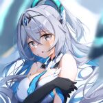  1girl bare_shoulders black_gloves blue_hair blurry blurry_background blush breasts bronya_zaychik bronya_zaychik_(herrscher_of_truth) colored_inner_hair gloves grey_eyes grey_hair hair_between_eyes highres honkai_(series) honkai_impact_3rd large_breasts long_hair multicolored_hair open_mouth red_pupils solo upper_body xfate 