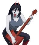  1girl absurdres adventure_time axe_guitar black_hair boots chainsaw_man cosplay cross-shaped_pupils forked_tongue grey_tank_top guitar hair_between_eyes highres horns instrument long_hair looking_at_viewer marceline_abadeer marceline_abadeer_(cosplay) open_mouth pale_skin power_(chainsaw_man) red_eyes red_footwear red_horns sharp_teeth simple_background solo symbol-shaped_pupils tank_top teeth tongue tongue_out white_background xyanaid 