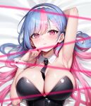  1girl absurdres arm_behind_head arm_up armpits bare_shoulders bed_sheet between_breasts bing_hayu black_leotard blue_hair blurry blurry_foreground breasts cleavage closed_mouth collarbone dakimakura_(medium) detached_collar earrings frown hair_spread_out hairband hand_up highres jewelry large_breasts leotard lethe_(lethe187) long_hair looking_at_viewer luvdia lying mole mole_on_armpit mole_on_breast mole_under_eye multicolored_hair necktie necktie_between_breasts nontraditional_playboy_bunny on_back pink_eyes pink_hair second-party_source short_necktie skindentation solo strapless strapless_leotard string two-tone_hair upper_body virtual_youtuber wrist_cuffs 