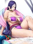  1girl absurdres arm_support armlet bangs bare_shoulders beach beads bikini blurry blurry_background blush breasts choker cleavage collarbone covered_nipples day eyepatch_bikini fate/grand_order fate_(series) feet_out_of_frame highres knee_up large_breasts lips long_hair looking_at_viewer looking_to_the_side minamoto_no_raikou_(fate) minamoto_no_raikou_(swimsuit_lancer)_(fate) navel palm_tree parted_bangs purple_bikini purple_eyes purple_hair sash shore side-tie_bikini_bottom sitting skindentation solo swimsuit teeth thighs tree very_long_hair water yoshio_(55level) 