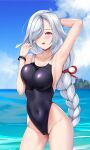  1girl armpits bangs blue_eyes braid braided_ponytail breasts competition_swimsuit covered_navel cowboy_shot genshin_impact gradient_eyes grey_hair hair_over_one_eye highleg highres large_breasts long_bangs long_hair looking_at_viewer matrix16 multicolored_eyes one-piece_swimsuit one_eye_covered shenhe_(genshin_impact) solo swimsuit thighs very_long_hair 