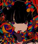  1girl bangs black_hair colorful commentary dot_nose flower highres long_bangs long_hair looking_at_viewer mouth_hold multicolored_eyes multicolored_flower multicolored_rose original petal_in_mouth petals portrait rose solo sunflower wokichi 