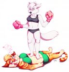  &lt;3 &lt;3_eyes 4_toes 5_fingers absurd_res anthro arctic_fox arm_tuft ava_(cavix) belly belly_squish black_eyebrows black_nose blonde_hair blue_eyes blush bottomwear boxing boxing_gloves bra canid canine cheek_tuft chest_tuft clenched_teeth clothing collarbone domestic_cat duo elbow_tuft eyebrows eyelashes facial_tuft feet feet_on_belly felid feline felis female female/female fingers fox fur green_eyes hair half-closed_eyes handwear hi_res inner_ear_fluff looking_down lying mammal markings narrowed_eyes navel on_back one_eye_closed orange_body orange_eyebrows orange_fur panties phantastus pink_nose pink_tongue rose_(cavix) shorts signature simple_background sport sports_bra squish striped_body striped_fur striped_markings striped_tail stripes tail tail_markings teeth toes tongue tongue_out trampling tuft underwear whiskers white_background white_body white_fur white_hair 