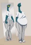  2023 absurd_res anthro avian beak beastars belly big_belly big_butt bird bottomwear butt clothed clothing dom_(beastars) feathers footwear front_view galliform half-closed_eyes hand_on_butt head_turned hi_res looking_at_reflection looking_at_self male mirror narrowed_eyes obese obese_anthro obese_male overweight overweight_anthro overweight_male pants peafowl phasianid rear_view shirt signature socks solo standing tommysamash topwear 