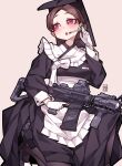  1girl absurdres acog apron arang_(arang0220) assault_rifle black_pantyhose brown_hair earpiece gloves grip gun hanbok handgun highres holster kneeling korean_clothes laser_sight maid maid_apron original pantyhose red_eyes rifle thigh_holster trigger_discipline weapon 