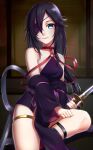  1girl ankle_strap bare_shoulders blue_eyes clenched_hand closed_mouth detached_sleeves dress eyepatch highres holding holding_sword holding_weapon katana kurofuti long_hair o-ring o-ring_top one_eye_covered purple_dress purple_hair shokudaikiri_mitsutada_(tenka_hyakken) sidelocks sitting smile sword tenka_hyakken thigh_strap weapon 