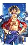  1boy abs absurdres bird black_hair blue_cloak blue_sky border cloak closed_eyes hands_on_hips hat highres looking_at_viewer monkey_d._luffy oboro_keisuke one_piece open_clothes open_mouth open_shirt purple_sash red_shirt sash scar scar_on_chest scar_on_face seagull shirt short_hair shorts sky straw_hat teeth white_border 