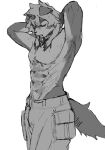  2022 anthro arknights athletic athletic_anthro athletic_male bottomwear canid canine canis clothed clothing domestic_dog eyes_closed fumochi_n fur hi_res horn hung_(arknights) hypergryph male mammal monochrome pants solo studio_montagne topless topless_anthro topless_male 