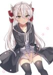  1girl absurdres amatsukaze_(kancolle) bad_anatomy bad_leg bangs black_jacket black_thighhighs blush closed_mouth collarbone fathom feet_out_of_frame hair_between_eyes hair_tubes highres hood hoodie jacket kantai_collection long_hair long_sleeves official_alternate_costume open_clothes open_jacket simple_background smile solo thighhighs two_side_up white_background white_hair white_hoodie yellow_eyes 