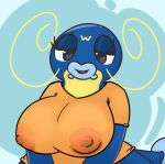  anthro big_breasts black_eyes blue_background blue_body blue_scales bodily_fluids breasts cathy_(junktrashman) clothing eyelashes female generation_3_pokemon hi_res huge_breasts junkbag lactating lactating_through_clothing nintendo nipple_outline orange_clothing orange_shirt orange_topwear pokemon pokemon_(species) scales shirt simple_background smile solo topwear wet wet_clothing whiscash yellow_body yellow_scales 