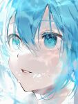  1girl ame929 artist_name bangs blue_eyes blue_hair collared_shirt commentary_request hair_between_eyes hatsune_miku highres lips long_hair looking_up shirt simple_background solo teeth twintails underwater upper_body vocaloid water water_drop white_background white_shirt wing_collar 