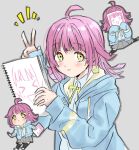  &gt;_&lt; :p =_= ahoge bangs black_thighhighs blue_jacket blunt_bangs blunt_ends blush bow bowtie chibi commentary drawing expressionless grey_skirt hands_up holding holding_marker holding_sketchbook hood hooded_jacket jacket long_sleeves looking_at_viewer love_live! love_live!_nijigasaki_high_school_idol_club lowres marker multiple_girls pink_hair pleated_skirt pottode rina-chan_board shirt short_hair sketchbook skirt tennouji_rina thighhighs tongue tongue_out upper_body v white_shirt yellow_bow yellow_bowtie yellow_eyes 