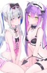  2girls amane_kanata angel angel_wings asymmetrical_hair bangs bare_shoulders between_legs between_thighs bikini black_bikini black_bow blue_hair blush bow breasts choker closed_mouth collarbone colored_inner_hair commentary demon_girl demon_tail ear_piercing feathered_wings frilled_choker frills green_eyes grey_hair hair_between_eyes hair_bow hair_ornament hair_over_one_eye hairclip hand_between_legs highres hololive long_hair looking_at_viewer maid_bikini maid_headdress medium_breasts mini_wings multicolored_hair multiple_girls official_alternate_hair_length official_alternate_hairstyle piercing pink_bikini pink_bow pink_hair pointy_ears purple_eyes purple_hair sakura_yunuto sidelocks simple_background sitting small_breasts streaked_hair swimsuit symbol-only_commentary tail tareme thigh_strap tokoyami_towa two_side_up virtual_youtuber wariza white_background white_wings wings 