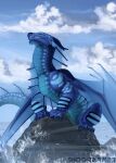  blue_body cloud dragon female feral hi_res horn invalid_tag looking_back rock scalie seaside seawing_(wof) shido-tara solo standing tsunami_(wof) wings_of_fire 
