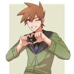  1boy alternate_costume blue_oak brown_eyes brown_hair heart heart_hands jacket looking_at_viewer male_focus one_eye_closed pokemon pokemon_(game) pokemon_frlg smile solo spiked_hair submashell teeth upper_body 