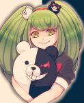  1girl bear_hair_ornament black_background black_shirt cropped_torso danganronpa_(series) danganronpa_another_episode:_ultra_despair_girls green_eyes green_hair grey_background grin hair_ornament hairband highres long_hair monokuma narumi_tokio official_alternate_hairstyle red_hairband shirt short_sleeves smile teeth towa_monaka twintails upper_body 