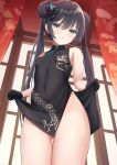  1girl ass_visible_through_thighs bangs black_dress black_gloves black_hair blue_archive blue_eyes blush breasts butterfly_hair_ornament china_dress chinese_clothes covered_navel cowboy_shot double_bun dress gloves hair_bun hair_ornament highres indoors kisaki_(blue_archive) long_hair looking_at_viewer nc731 parted_lips skirt_hold sleeveless sleeveless_dress small_breasts solo thigh_gap thighs window 